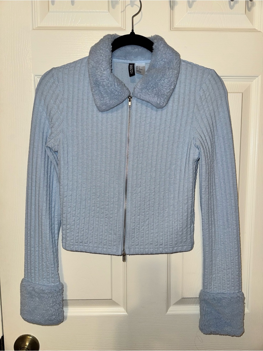 H&M Powder Blue Ribbed Zip-Up Jacket with Faux Shearling Collar